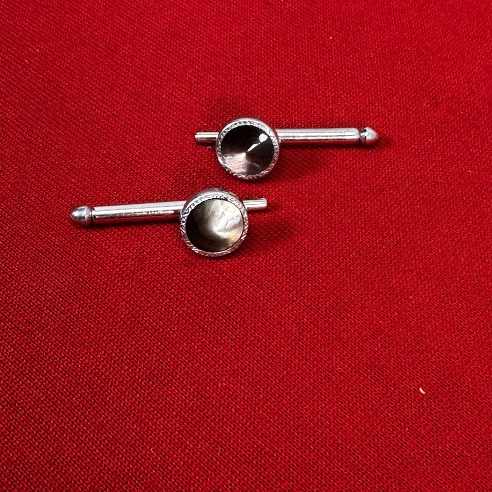 Vintage Round Abalone Silver Tone Formal Tux Prom Shirt Stud Button Cufflinks